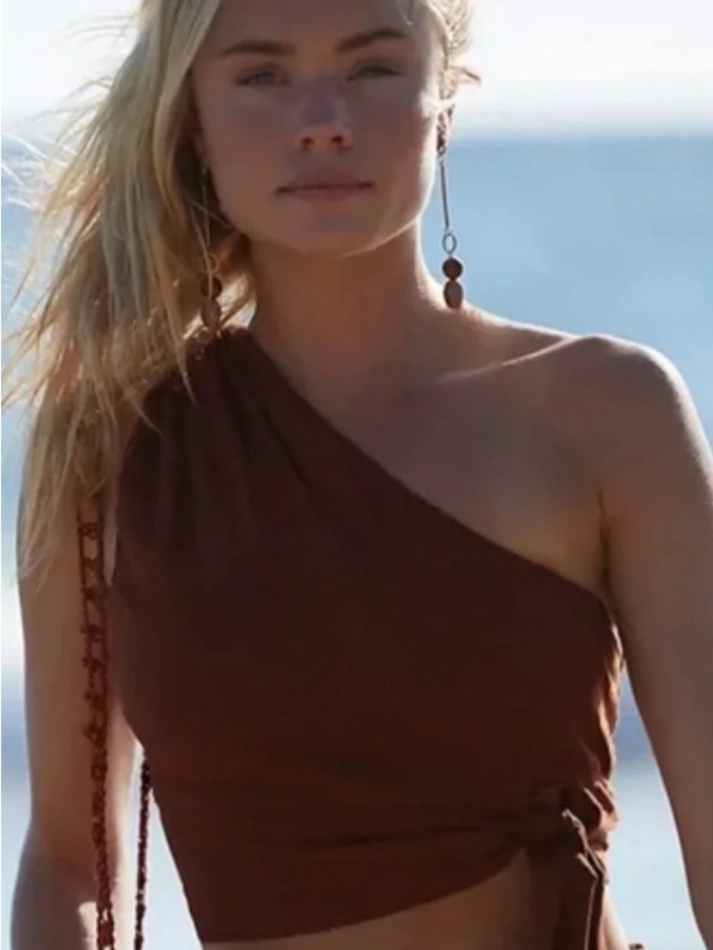 Free People One-Shoulder Rust Brown Tie Crop Top